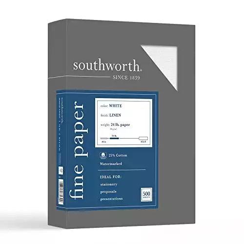 Southworth FSC Certified 55% Recycled 25% Cotton Linen Business Paper, 8 1/2in. x 11in., 24 Lb, White, Box Of 500, 554C