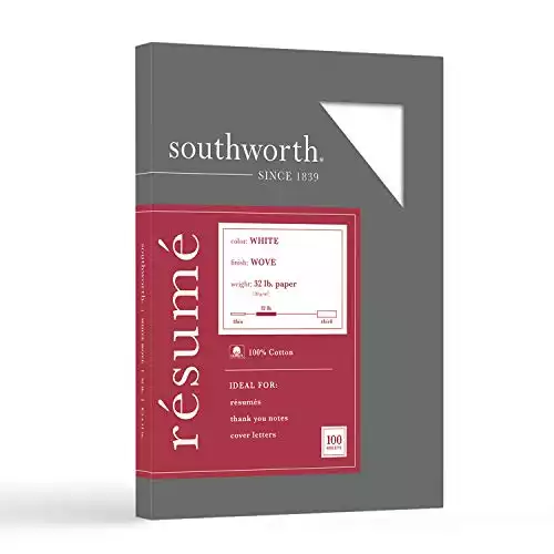 Southworth Exceptional Resume Paper, 100% Cotton, 32 lb, White, 100 Count (RD18ICF)