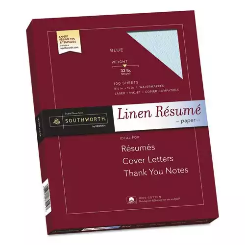 Resume Paper, Linen, 32 lb, 8-1/2""x11"", 100/BX, Blue, Sold as 1 Box, 100 Each per Box