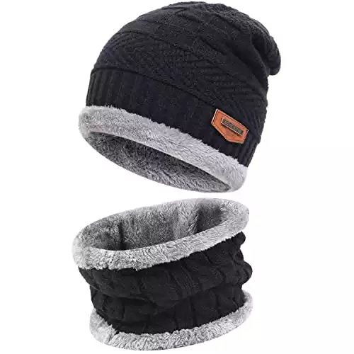 Mens Womens Winter Beanie Hat Scarf Set Warm Knit Hat Thick Fleece Lined Winter Cap Neck Warmer